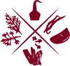 Red illustrations of a hook, bottle, plant, and other items on a white background
